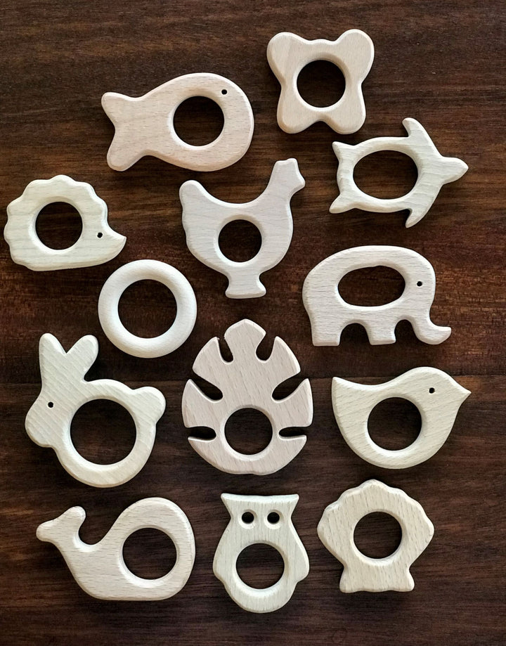 Baby Beech Wood Teether with Organic Cotton Fabric Tie