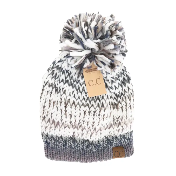 FUZZY LINED MULTICOLORED C.C YARN POM BEANIE